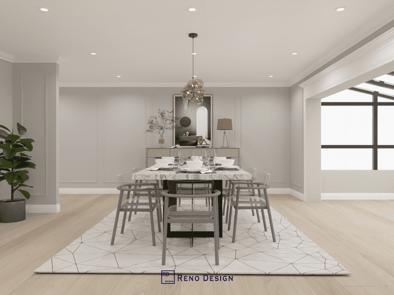 This image presents a full view of the dining room in a Toronto bungalow interior design project, featuring a centrally placed dining table, coordinated seating, and a sculptural pendant light that anchors the space. Clean wall paneling, balanced symmetry, and warm wood flooring create a calm and cohesive dining environment. Designed and completed by Reno Compass, this interior reflects a refined, modern approach tailored to single-level homes in Toronto.