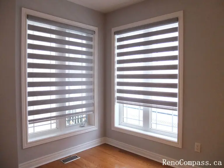 Custom zebra blinds curtains installation completed in Richmond Hill, featuring modern dual-layer window shades that provide privacy, light control, and a clean contemporary look. This professional window treatment upgrade enhances interior comfort and style, perfectly suited for modern home renovations by a trusted Toronto renovation company.