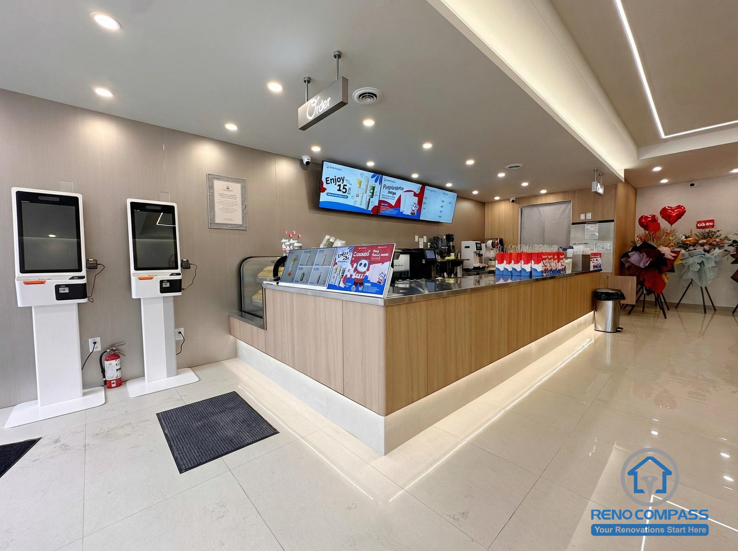 This North York bubble tea shop renovation features a modern service counter, digital menu display, and efficient ordering layout designed for high customer traffic. Completed by a professional Toronto renovation company, the commercial interior combines clean finishes, warm lighting, and functional workflow to enhance both customer experience and daily store operations.