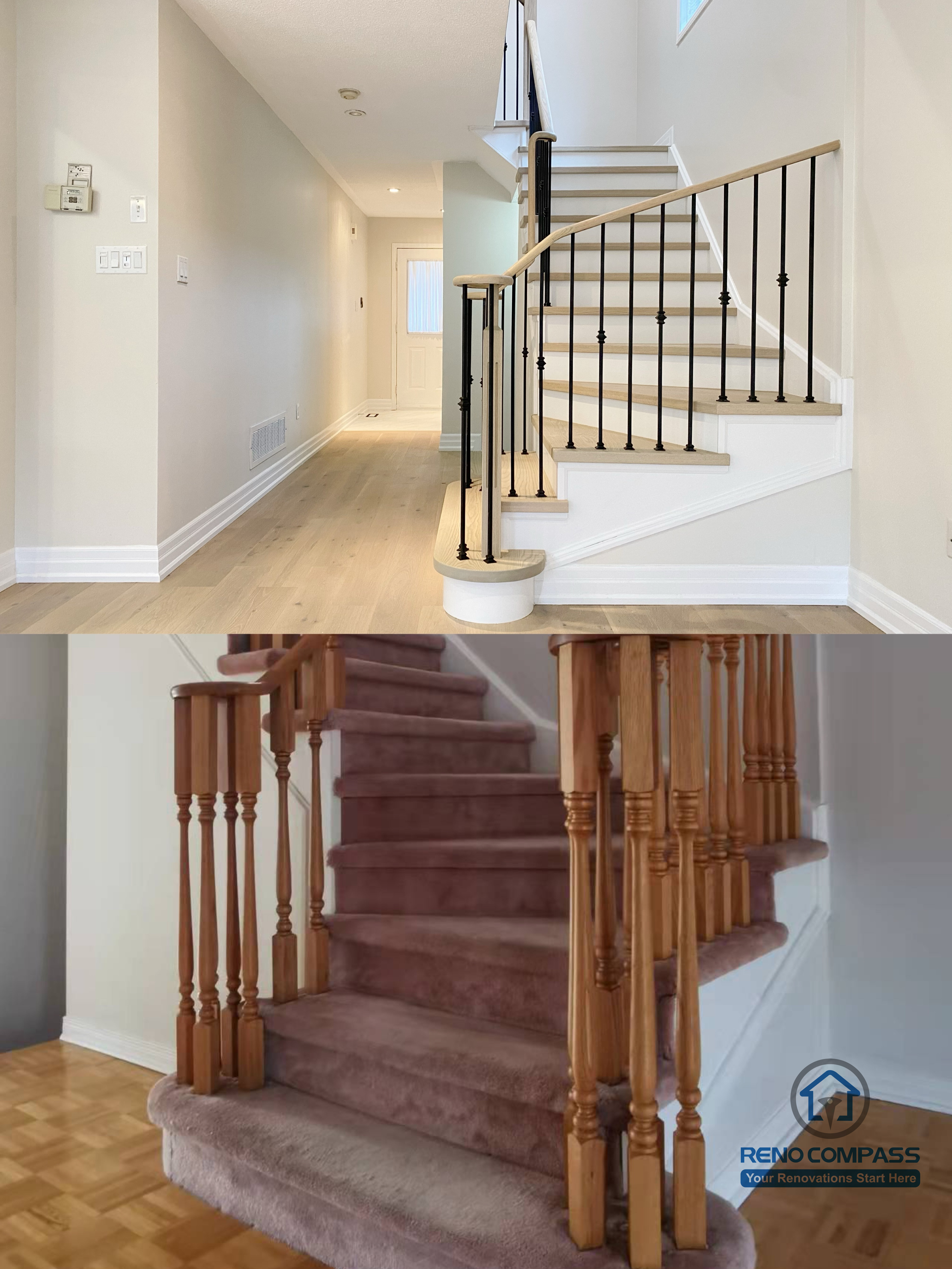This Markham interior renovation presents a staircase and hallway transformation before and after the remodel. The original carpeted stairs and traditional wooden balusters were replaced with hardwood steps, white risers, and modern black metal railings. The adjacent hallway was updated with new flooring, fresh wall finishes, and improved lighting to create a brighter and more cohesive entry space. Completed by a professional Toronto renovation company, this renovation enhances flow, safety, and overall interior appeal for a Markham home.