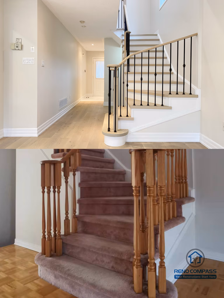 This Markham interior renovation presents a staircase and hallway transformation before and after the remodel. The original carpeted stairs and traditional wooden balusters were replaced with hardwood steps, white risers, and modern black metal railings. The adjacent hallway was updated with new flooring, fresh wall finishes, and improved lighting to create a brighter and more cohesive entry space. Completed by a professional Toronto renovation company, this renovation enhances flow, safety, and overall interior appeal for a Markham home.
