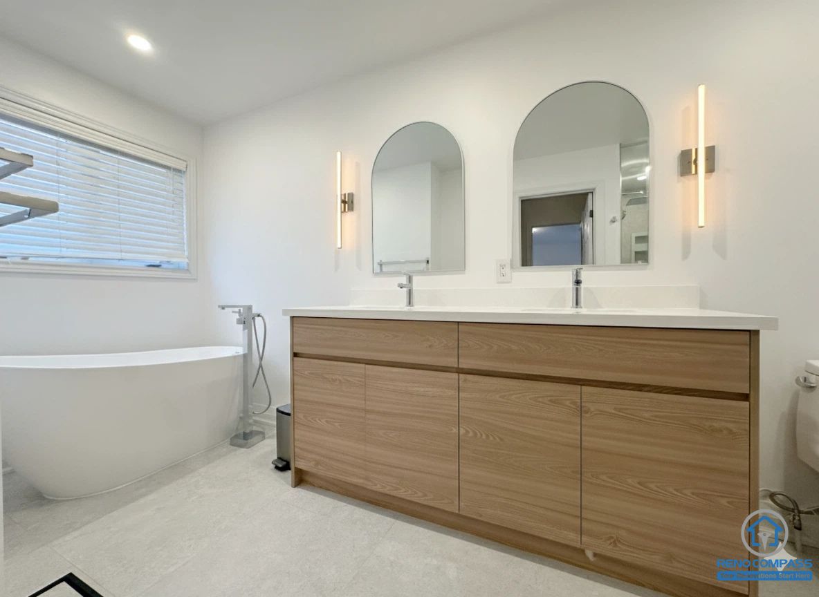 Markham 浴室翻新｜双台盆原木浴室柜与拱形镜设计