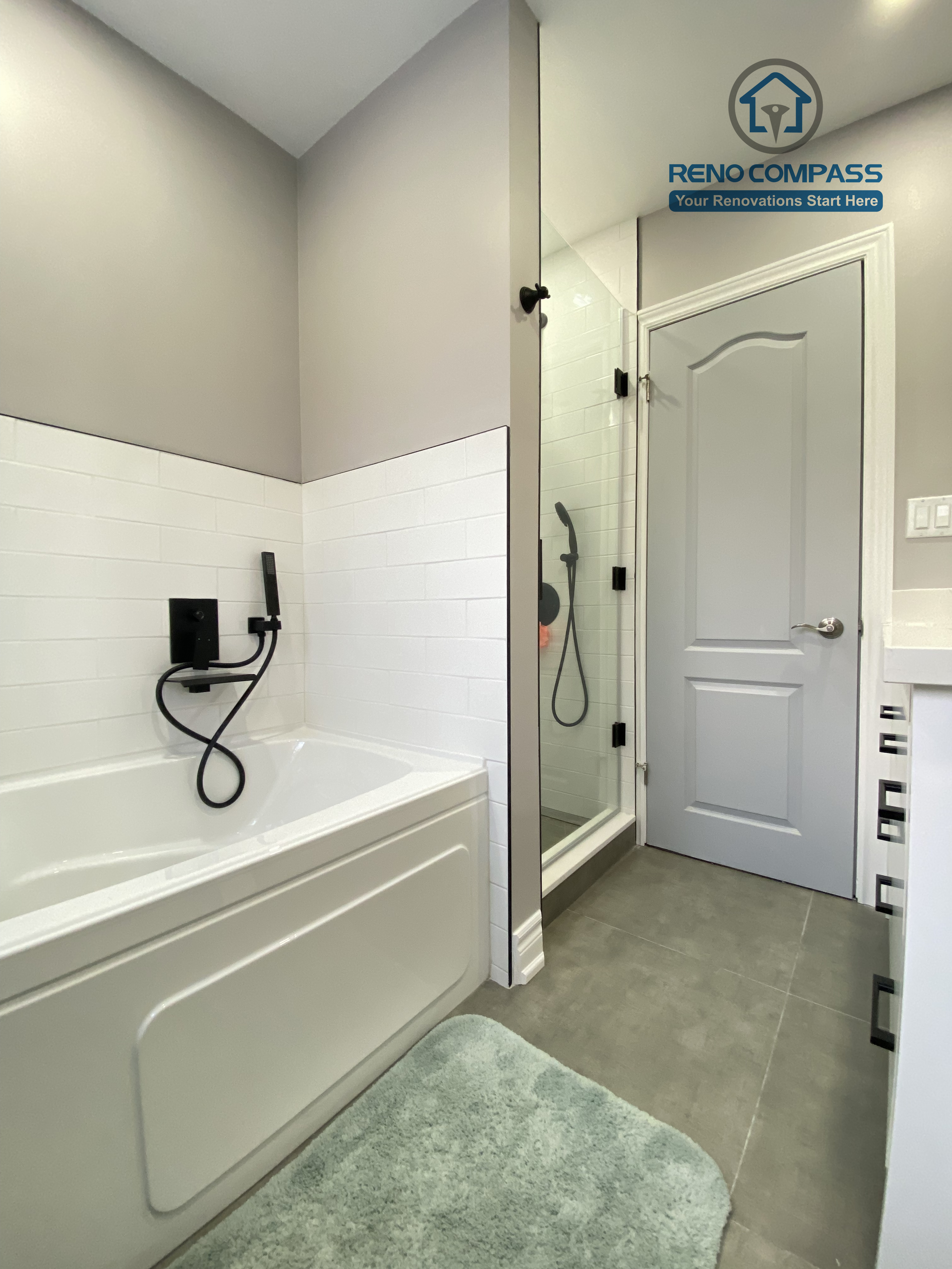 This North York bathroom renovation features a well-balanced bathtub and glass-enclosed shower combination with matte black fixtures and clean white tile walls. The layout maximizes space and functionality while maintaining a bright, modern look, completed by a Toronto renovation company focused on efficient design and long-term performance.