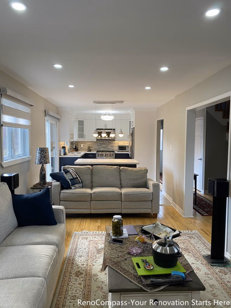 A bright open-concept living area completed as part of a Newmarket interior renovation, featuring neutral tones, recessed lighting, hardwood flooring, and a seamless connection between the living, dining, and kitchen spaces by a Toronto renovation company.