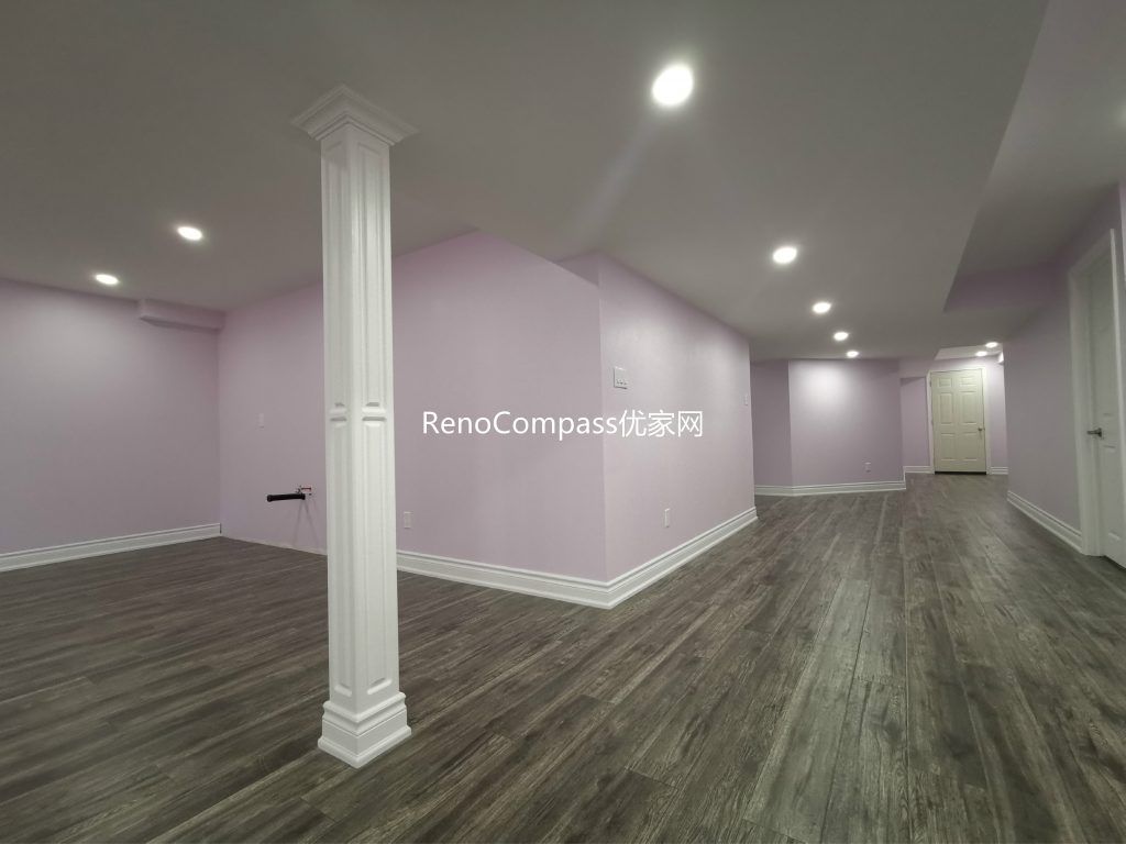 This Richmond Hill basement renovation features a spacious open-concept layout with modern recessed lighting, durable wood-look flooring, and soft neutral wall tones to create a bright and welcoming environment. Completed by a professional Toronto renovation company, the redesigned basement offers a versatile living area suitable for entertainment, rental potential, or extended family use. The clean layout and upgraded finishes enhance both functionality and overall property value.