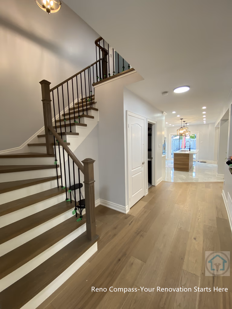 This image highlights a Newmarket interior renovation featuring a modern staircase seamlessly connected to the main hallway. The staircase combines warm-toned wood treads with dark metal balusters, creating a clean and timeless look that balances structure and elegance. Continuous hardwood flooring extends from the hallway into adjacent living areas, enhancing visual flow and spatial continuity. Recessed ceiling lights provide consistent illumination, guiding movement through the home while maintaining a bright and open atmosphere. Neutral wall finishes and simple trim details reinforce the home’s modern aesthetic. Completed by a Toronto renovation company, this staircase renovation demonstrates thoughtful circulation planning, durable material selection, and a cohesive interior layout designed for long-term everyday living.