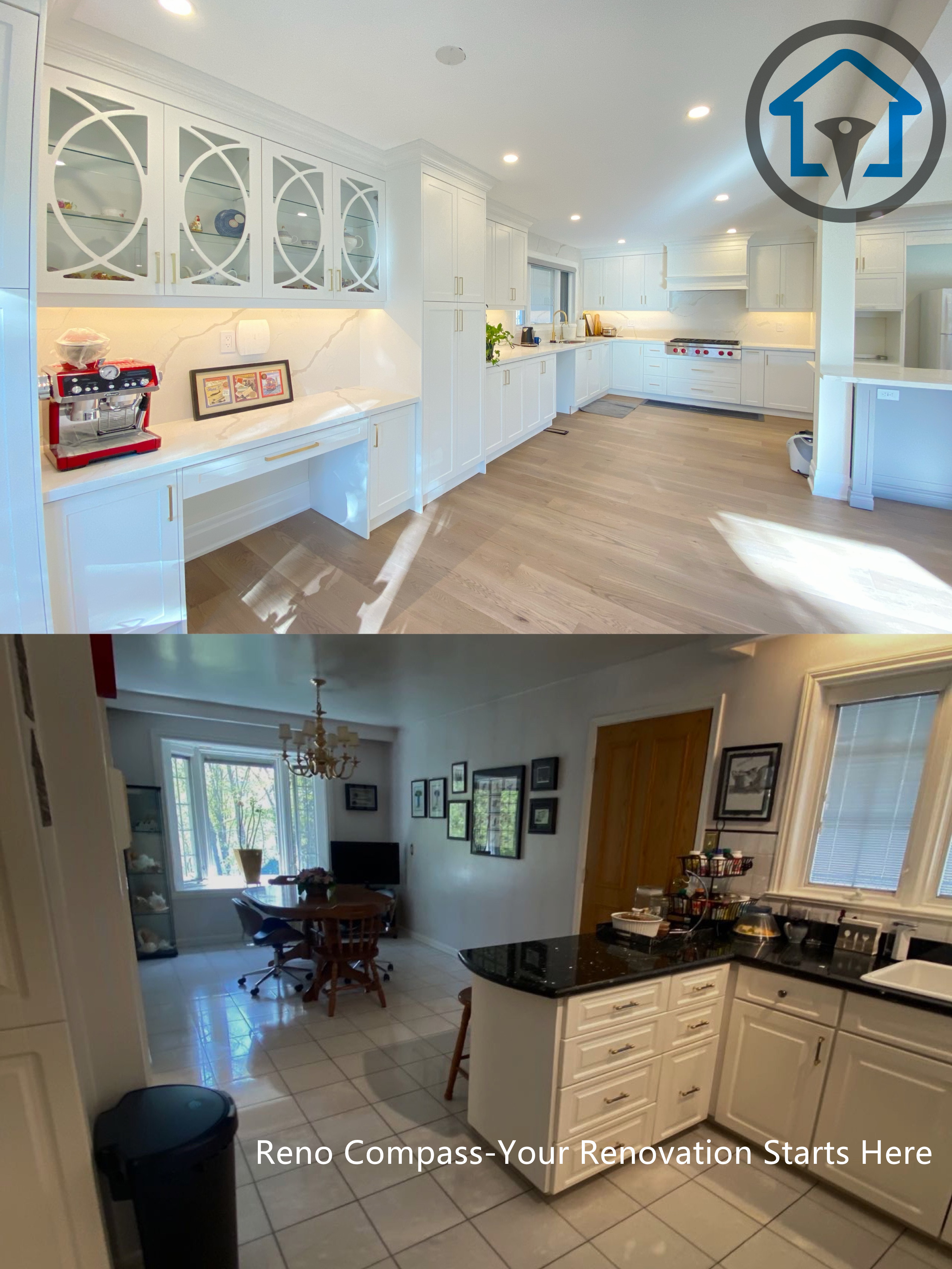 This before-and-after image highlights a full kitchen renovation in a North York house. The original closed kitchen with dated finishes was transformed into a bright, open-concept space featuring custom cabinetry, improved layout flow, and modern materials. The renovation enhances functionality, natural light, and visual continuity between the kitchen and dining areas.