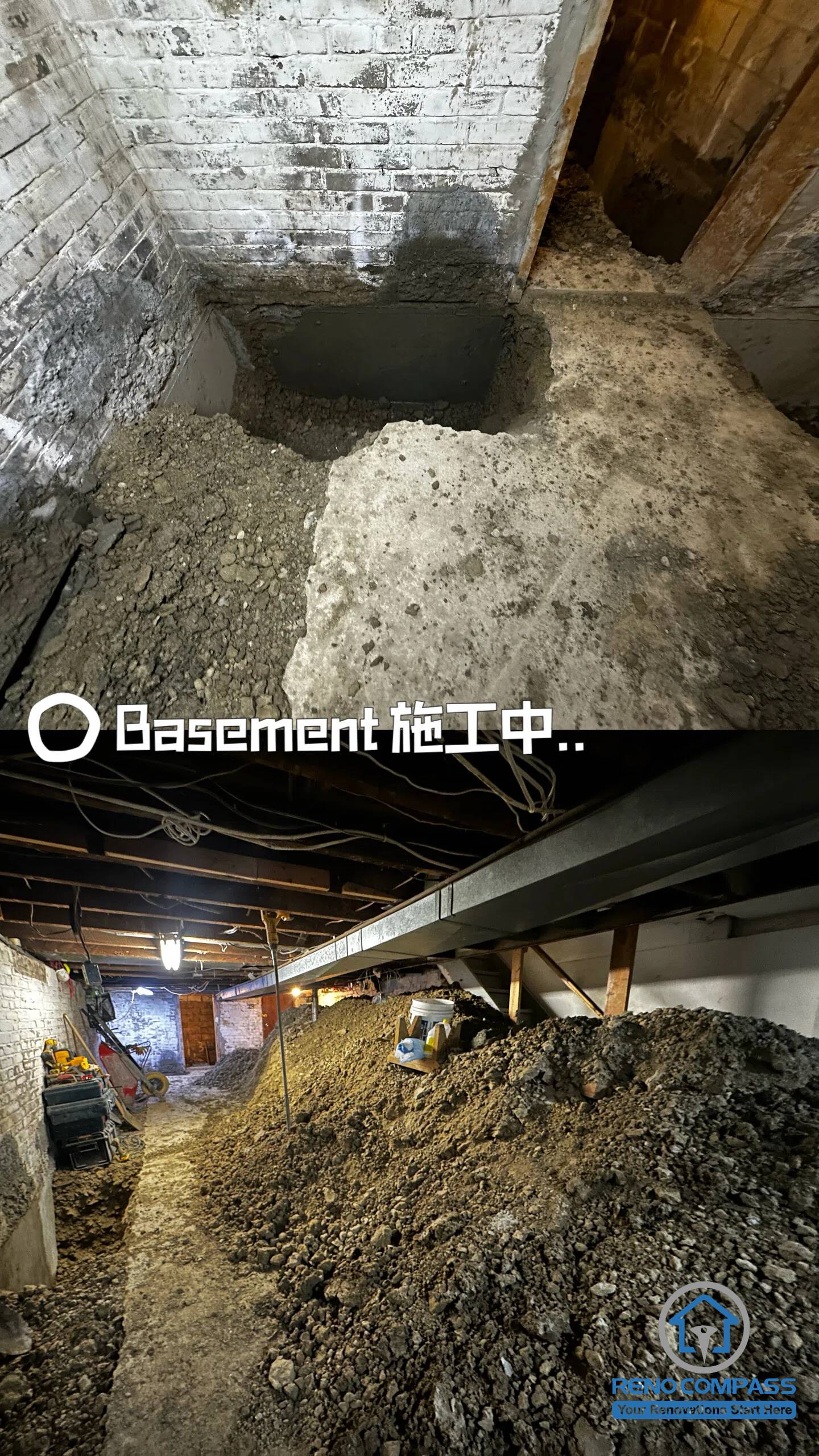 Basement underpinning and excavation in progress for a Toronto legal 3-unit conversion project. The foundation is being lowered to increase ceiling height and transform the space into a livable rental unit.
