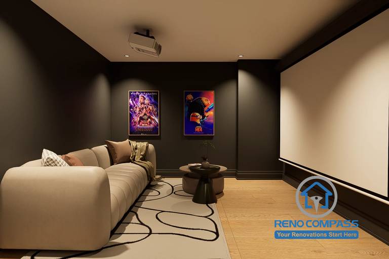 Custom home theatre design created for a Markham whole home renovation project. Featuring a large projection screen, dark accent walls, recessed lighting, comfortable seating, and an immersive entertainment layout designed to deliver a premium cinematic experience within the comfort of home.