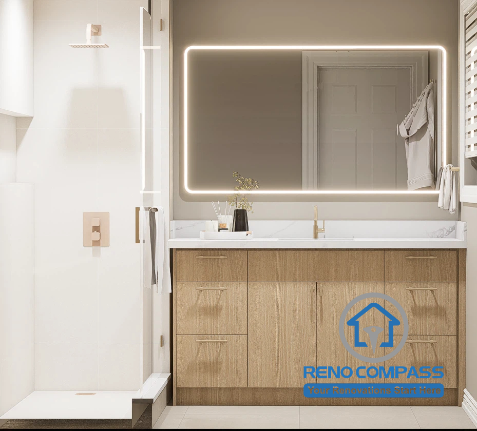 Modern bathroom renovation featuring a custom light oak vanity, white quartz countertop, oversized LED mirror, curbless walk-in shower, brushed gold fixtures, and clean contemporary finishes. Professionally designed and built by Reno Compass in the Greater Toronto Area.