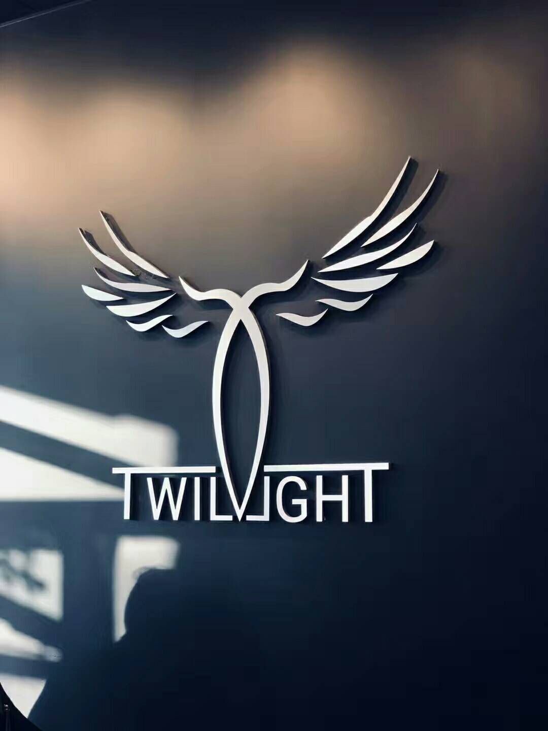 This image showcases the custom logo wall created for a bubble tea shop commercial renovation project in Scarborough. The metallic TWILIGHT logo with wing-inspired design elements serves as a striking brand feature within the store interior. Installed on a dark accent wall, the logo creates a strong visual identity while enhancing the modern atmosphere of the bubble tea shop. As part of a professional commercial renovation, the branding wall helps establish a memorable customer experience and reinforces the store’s unique identity.