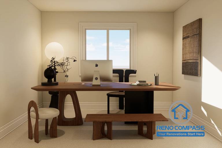 Dedicated home office design created for a Markham whole home renovation project. Featuring a custom workspace, warm wood furnishings, natural lighting, and a minimalist layout designed to enhance productivity, comfort, and work-from-home functionality while maintaining a cohesive interior design aesthetic.