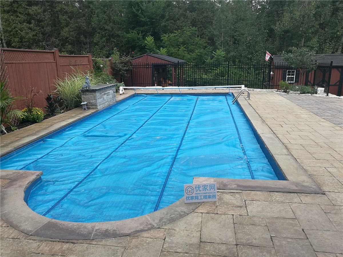 This image showcases a residential pool maintenance project in Vaughan, featuring professional pool upkeep and interlock paving around the pool area. The project includes surface cleaning, poolside hardscape maintenance, and overall backyard improvement, creating a clean, safe, and functional outdoor space ideal for summer use and family leisure.