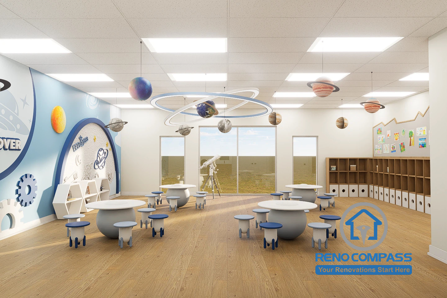 A creative kindergarten classroom in Toronto featuring a space-themed design with planetary decorations, round activity tables, and child-friendly seating to encourage imagination and interactive learning.