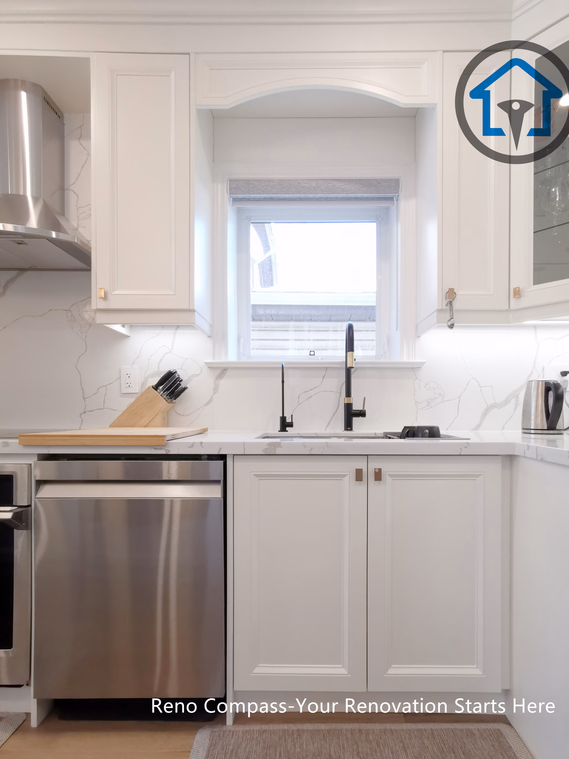 This image showcases the symmetrical sink wall design in a North York interior renovation, featuring custom white cabinetry, quartz countertops, and a centrally positioned window that brings in natural light. The balanced cabinet proportions and clean millwork details create a timeless and orderly kitchen layout. A stainless steel dishwasher, modern range hood, and minimalist black faucet add contrast while maintaining a cohesive design language. Completed by a Toronto renovation company, this kitchen renovation reflects precise craftsmanship, thoughtful detailing, and a strong focus on functionality and visual balance.