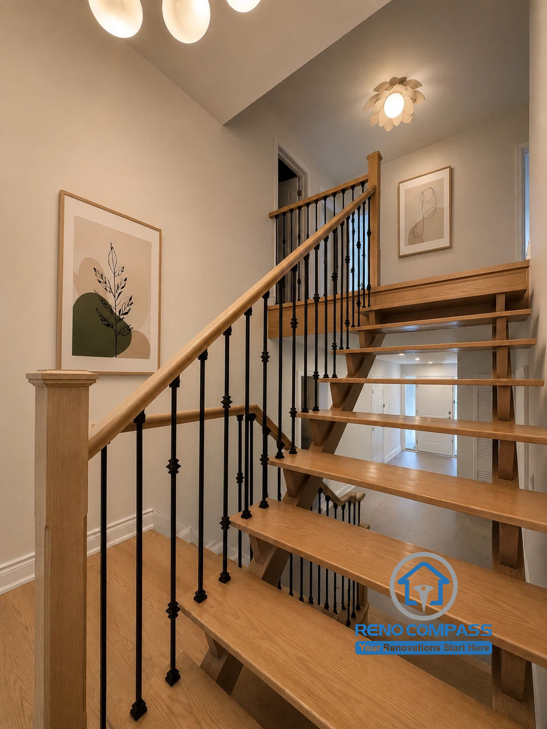 This beautifully renovated oak staircase features natural wood treads, black metal balusters, and a clean modern design that enhances both safety and style. As part of this North York whole house renovation, the staircase creates a warm, welcoming transition between floors while complementing the home's contemporary interior.