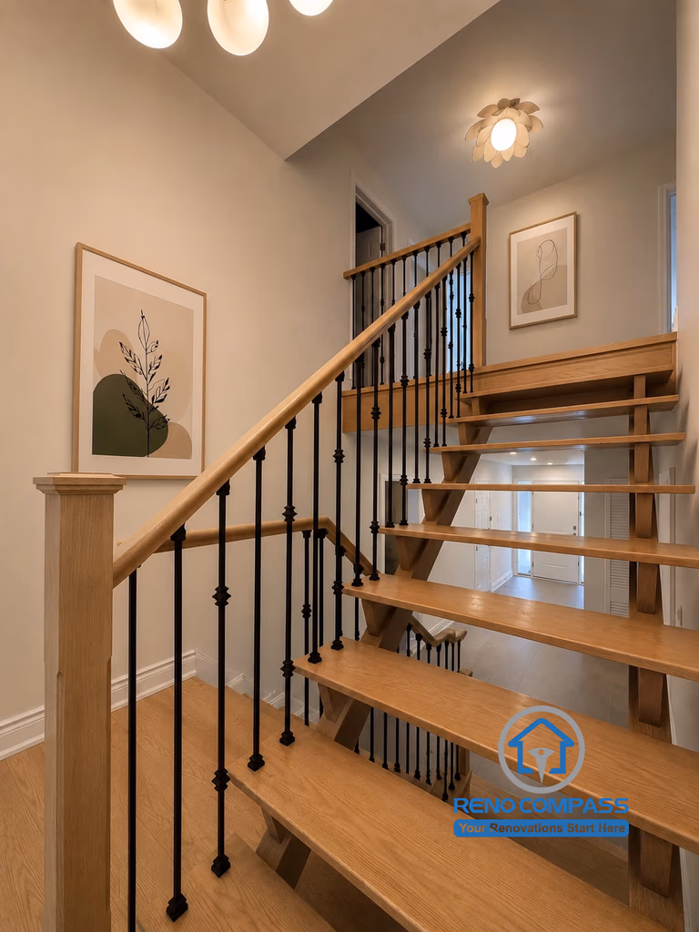 This beautifully renovated oak staircase features natural wood treads, black metal balusters, and a clean modern design that enhances both safety and style. As part of this North York whole house renovation, the staircase creates a warm, welcoming transition between floors while complementing the home's contemporary interior.