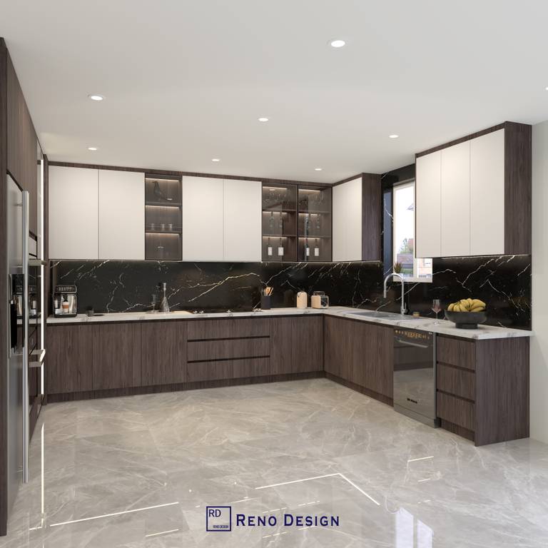 This Toronto modern kitchen design features a spacious open-concept layout with custom dark wood cabinetry, sleek white upper cabinets, and a premium black marble backsplash. Built-in stainless steel appliances, elegant lighting, and high-end finishes create a sophisticated yet functional cooking space. Designed for both style and practicality, this contemporary kitchen seamlessly connects with the living area, offering a bright, luxurious environment perfect for modern Toronto homes.