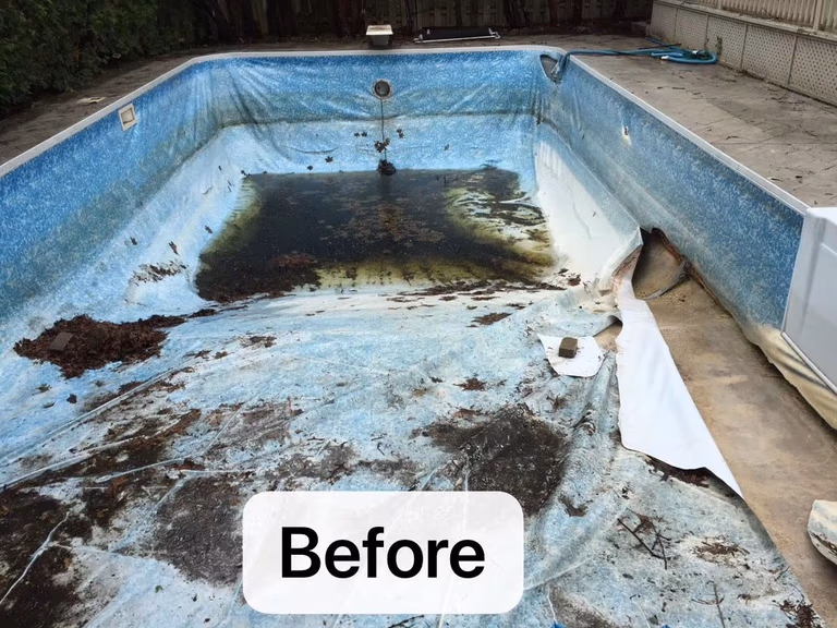 Before renovation photo of a deteriorated backyard swimming pool in Toronto. The old pool liner is torn and stained, with accumulated debris and discoloration before our expert restoration and resurfacing work begins. Professional pool repair and renovation services.