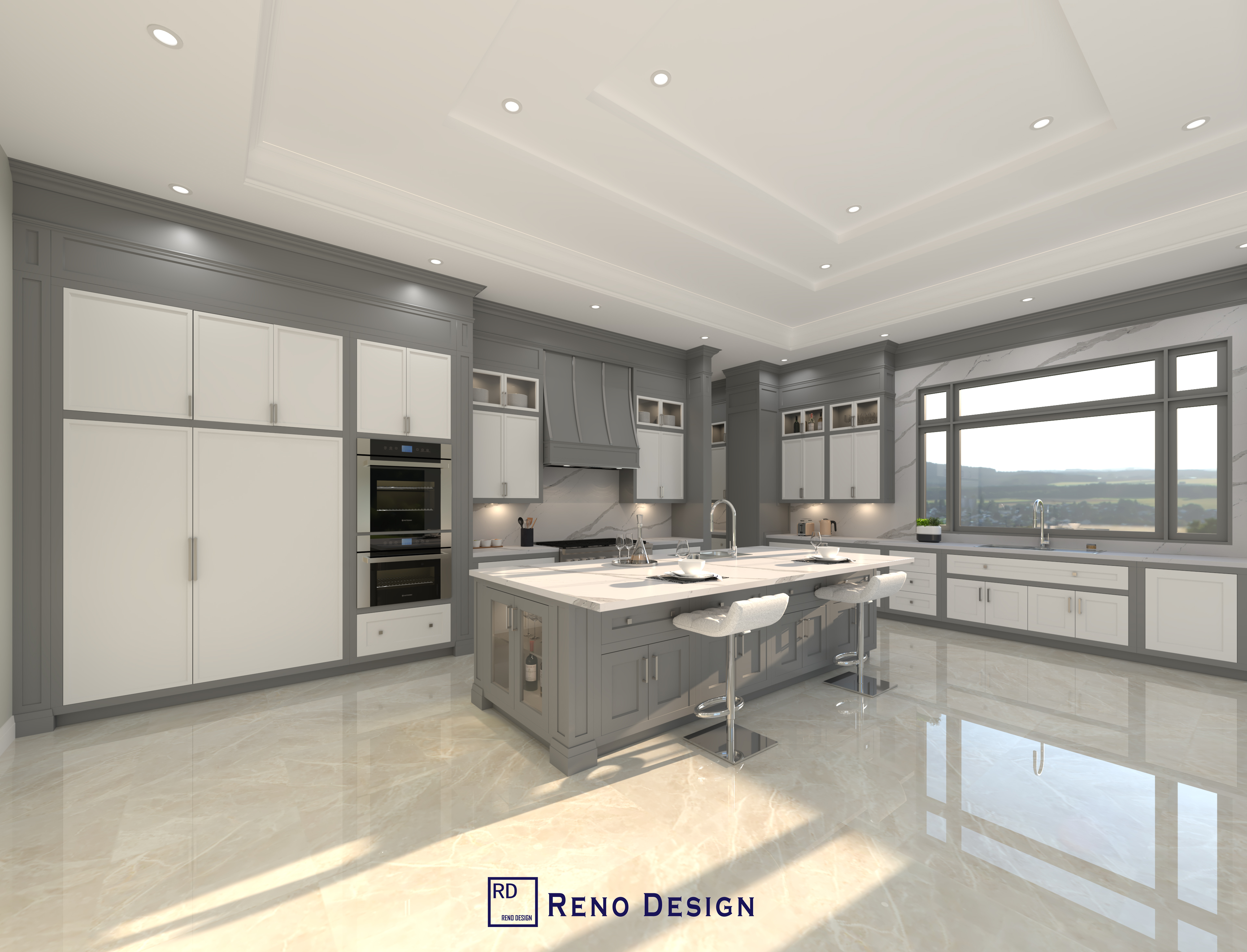 This Toronto traditional kitchen design highlights a full wall cabinetry layout combined with a spacious open-concept floor plan. Featuring a large central island with seating, integrated appliances, and extensive storage solutions, the space is enhanced by layered ceiling lighting and a bright, polished floor finish. Designed by a trusted Toronto Renovation Company, this kitchen balances functionality, symmetry, and timeless style.