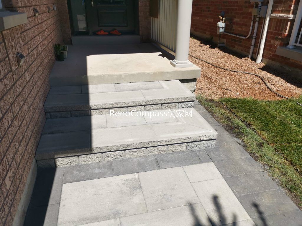 Professional front yard interlocking and entrance step renovation completed in Mississauga. This project features durable stone pavers, custom front porch steps, and a clean modern walkway design that enhances curb appeal, safety, and long-term outdoor durability for the home.