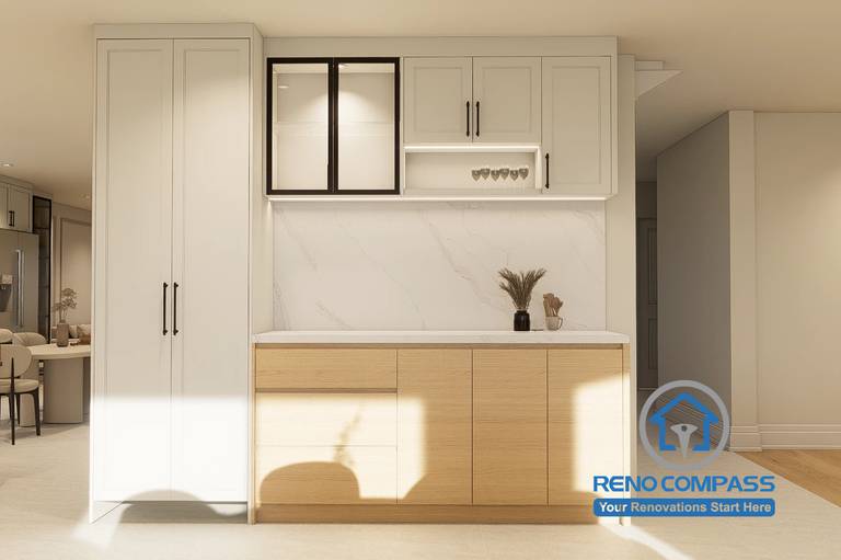 Custom beverage station designed for a Markham whole home renovation project. Featuring built-in cabinetry, integrated storage, display shelving, and a modern two-tone finish. This multifunctional space serves as a stylish coffee bar, serving area, and additional storage solution while enhancing the home's overall functionality.