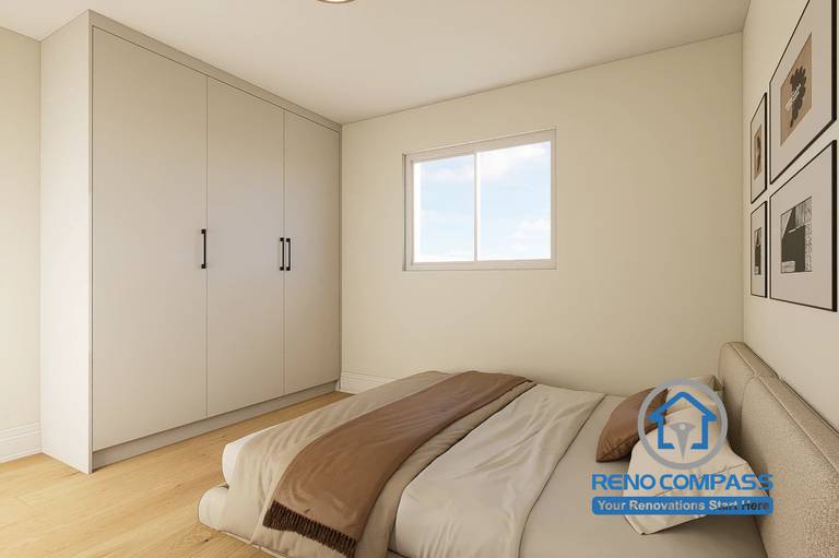 Secondary bedroom design created for a Markham whole home renovation project. Featuring custom floor-to-ceiling wardrobes, warm neutral finishes, natural wood flooring, and a space-efficient layout designed to maximize storage, comfort, and everyday functionality.