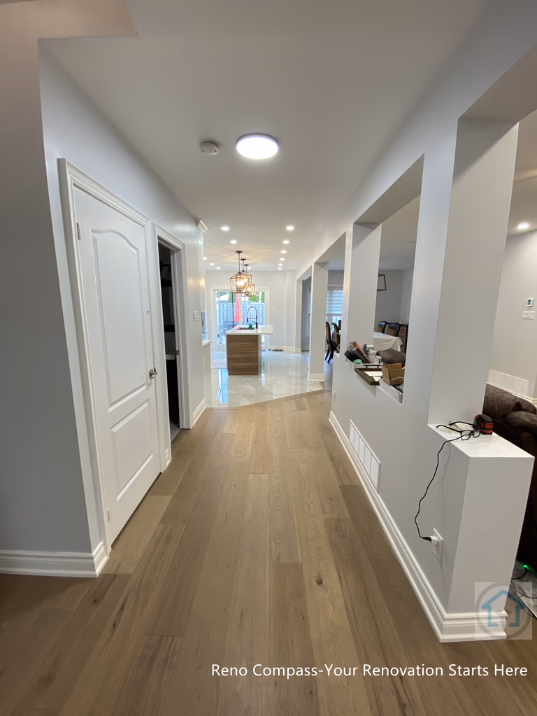 This image showcases a Newmarket interior renovation featuring a long, clean-lined hallway that connects the main living areas with the kitchen and dining space. The continuous hardwood flooring enhances visual flow and guides movement through the home, while recessed ceiling lights provide even, glare-free illumination. Open wall cut-outs along the right side improve sightlines and allow natural light to travel deeper into the interior, reinforcing the open-concept design. Neutral wall tones and simple trim details keep the space bright, modern, and timeless. Completed by a Toronto renovation company, this hallway renovation demonstrates thoughtful spatial planning, improved circulation, and a seamless transition between functional zones within the home.