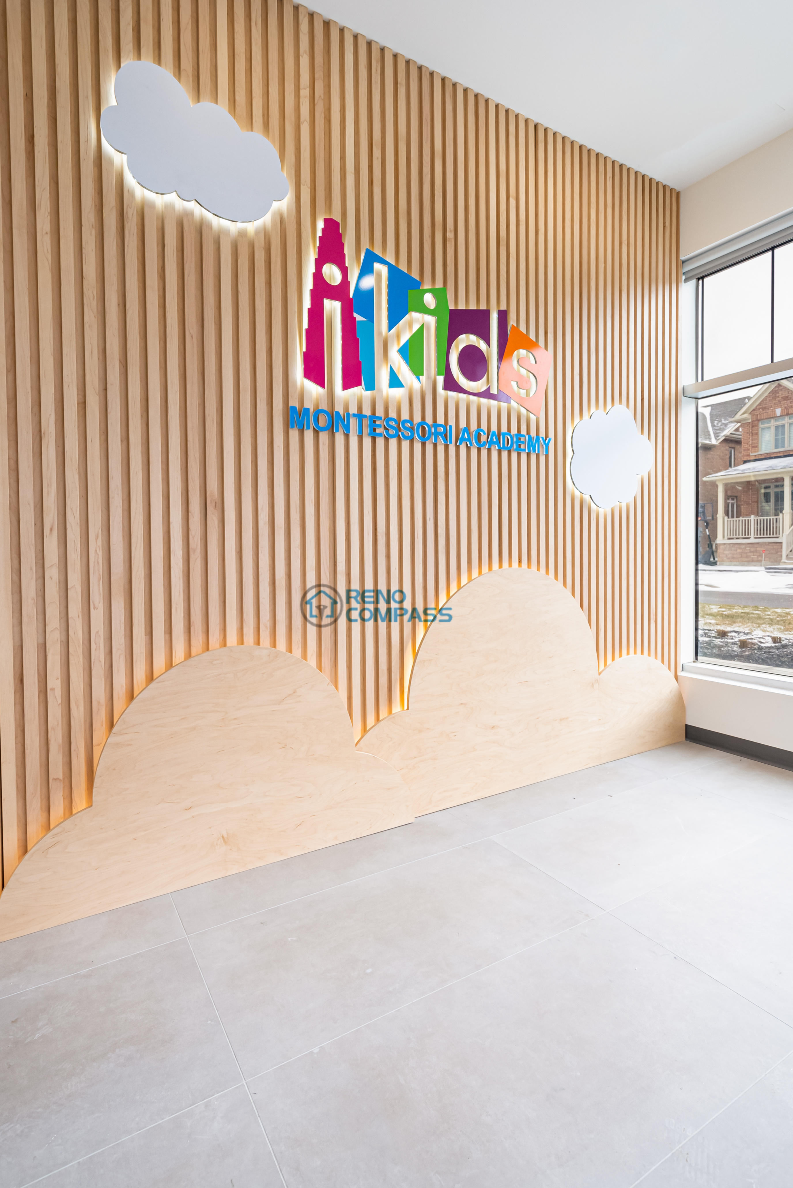 Daycare washroom renovation in Richmond Hill designed with child-height sinks, easy-clean surfaces, and a functional layout that meets childcare facility requirements.