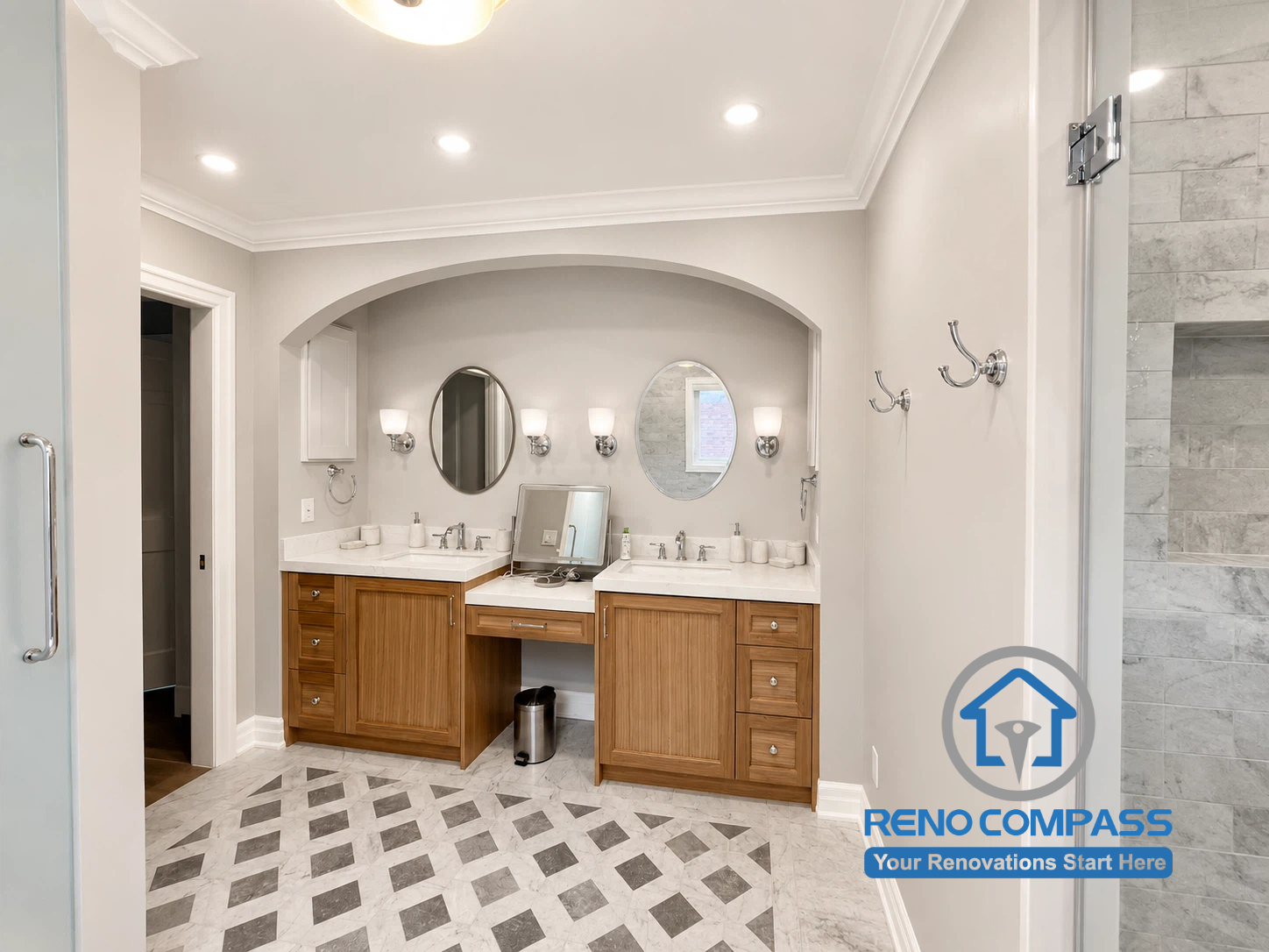 A completed modern bathroom renovation project in Markham featuring a custom double vanity, quartz countertop, dual mirrors, premium tile flooring, and elegant finishes designed for everyday functionality and timeless style.