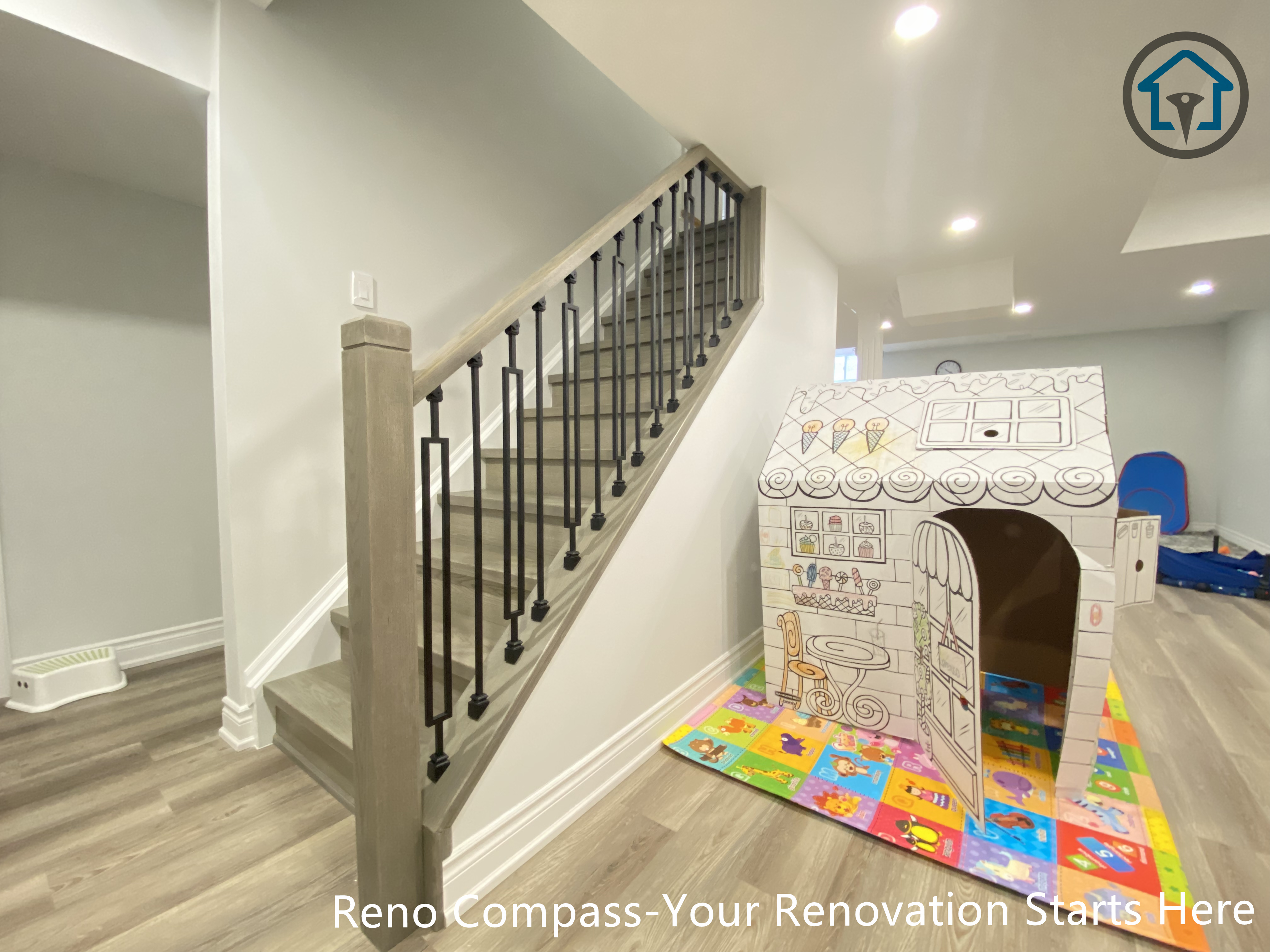 Basement staircase and hallway renovation in Vaughan, improving circulation, lighting continuity, and overall safety for daily use.