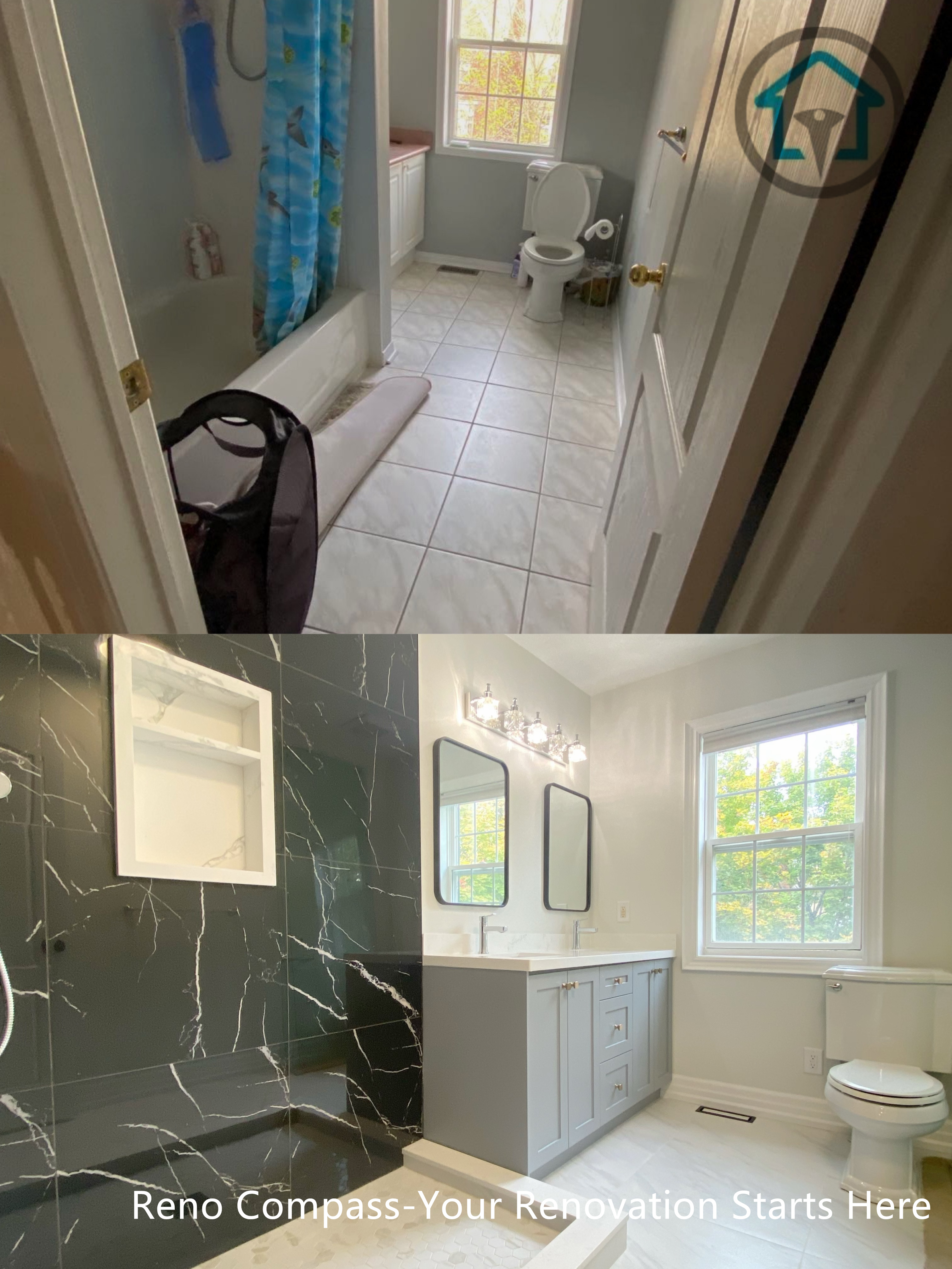 This before-and-after bathroom renovation highlights a complete transformation from a dated layout to a clean, modern space. The original bathroom featured traditional finishes and limited visual impact, while the renovated design introduces a sleek walk-in shower with large-format marble-look tiles and bold dark accent walls.