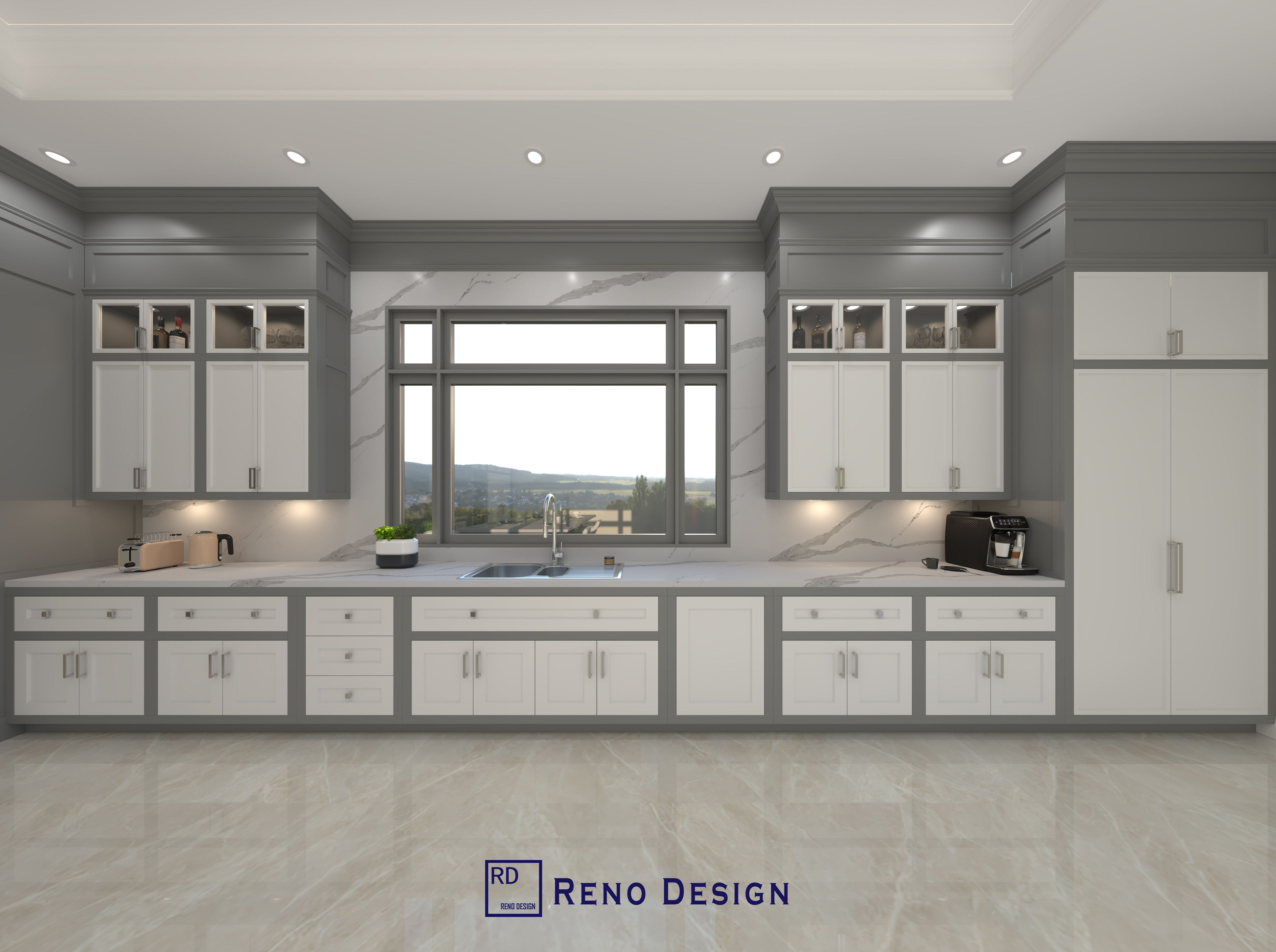 This Toronto traditional kitchen features an extended countertop workspace paired with custom-built cabinetry and integrated under-cabinet lighting. The design maximizes storage efficiency with multiple drawers and upper cabinets, while large windows bring in natural light to enhance the clean and elegant aesthetic. Completed by a professional Toronto Renovation Company, this space combines practicality with timeless design.