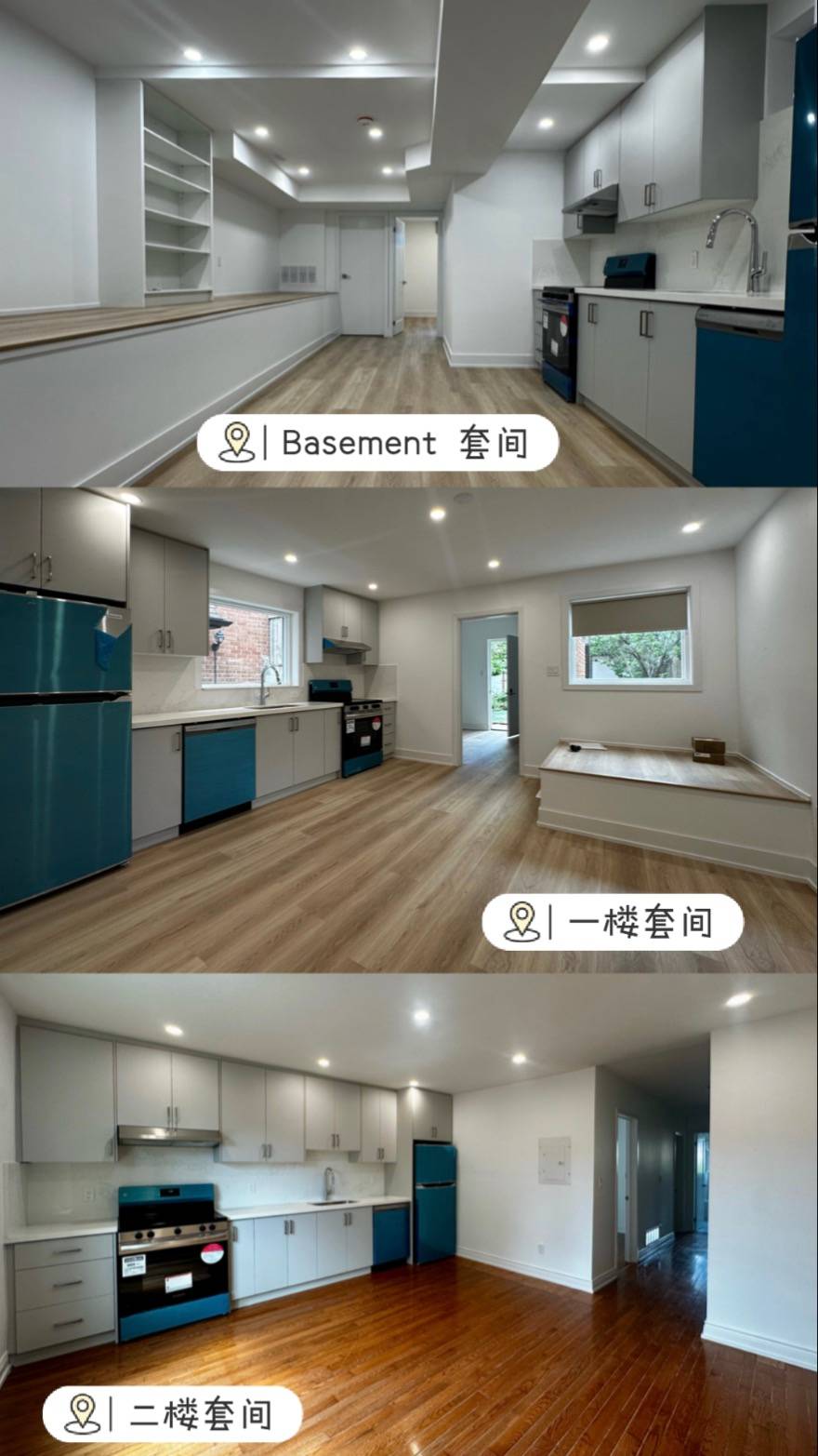 This project showcases a full Toronto legal 3-unit conversion, including basement, main floor, and second-floor rental units. Each level is designed as an independent living space with its own kitchen and layout, maximizing rental income potential and property value.