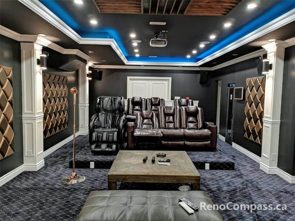This image highlights the main seating area of a custom home theater, featuring tiered leather recliner seating, decorative acoustic wall panels, recessed ceiling lighting, and a balanced layout designed for immersive sound and viewing comfort.