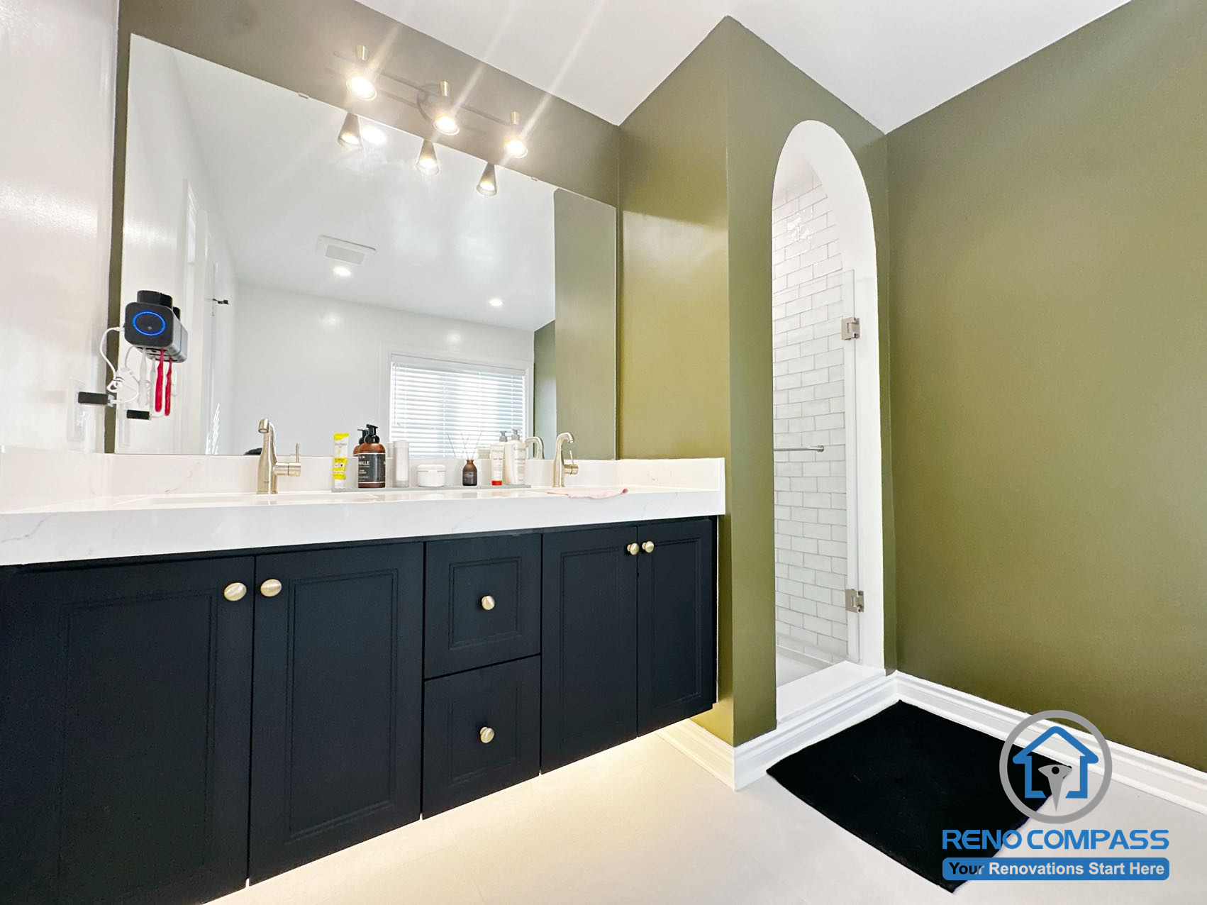 Bathroom vanity area from a completed interior renovation project in Markham, featuring a clean layout and functional design by Reno Compass.