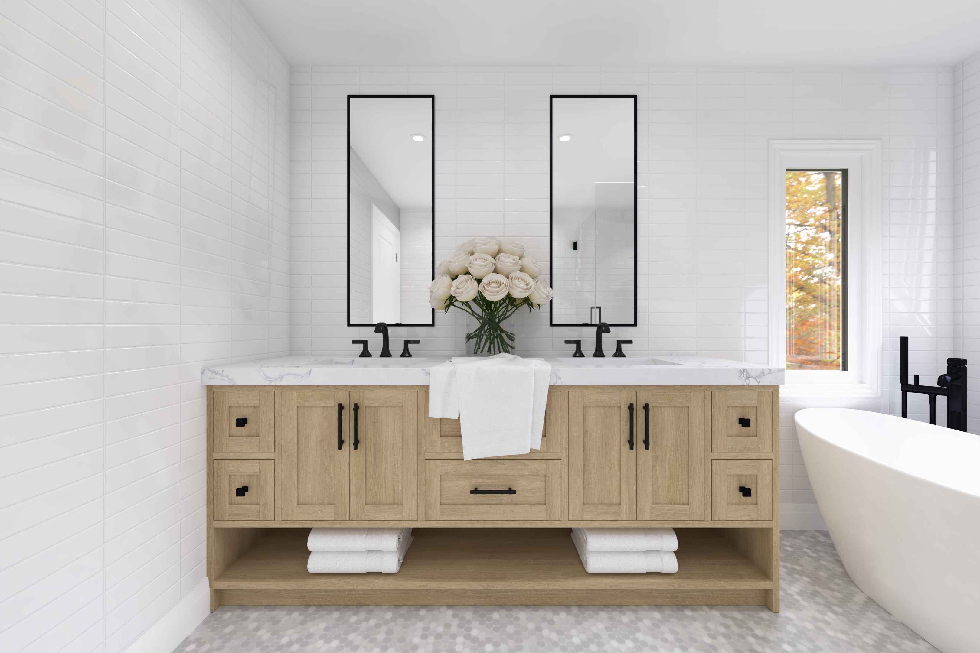 This Oakville interior design project features a custom double vanity with clean-lined cabinetry, integrated storage, and a balanced modern layout. Natural wood tones are paired with white surfaces and matte black fixtures to create a bright, functional, and timeless bathroom space designed for everyday use.