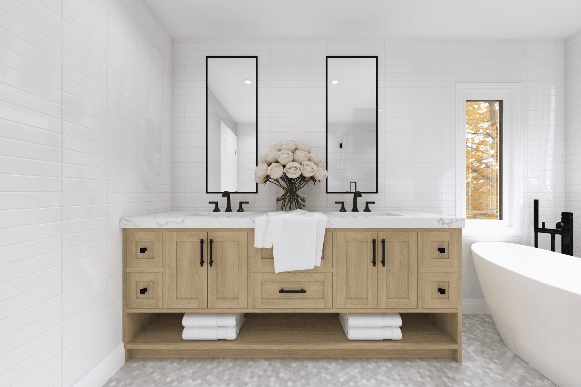 This Oakville interior design project features a custom double vanity with clean-lined cabinetry, integrated storage, and a balanced modern layout. Natural wood tones are paired with white surfaces and matte black fixtures to create a bright, functional, and timeless bathroom space designed for everyday use.