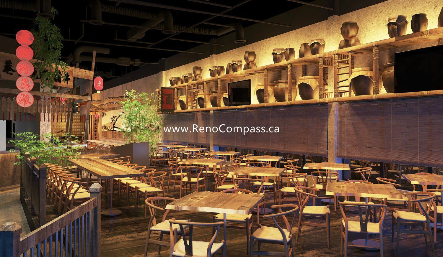 Showcasing the integration of a live performance stage within a modern BBQ restaurant. This Markham interior design project features signature bamboo umbrella ceiling decor, custom wood bench seating, and warm accent lighting. Designed for high-traffic commercial use, balancing acoustics with a sophisticated Zen-industrial aesthetic.