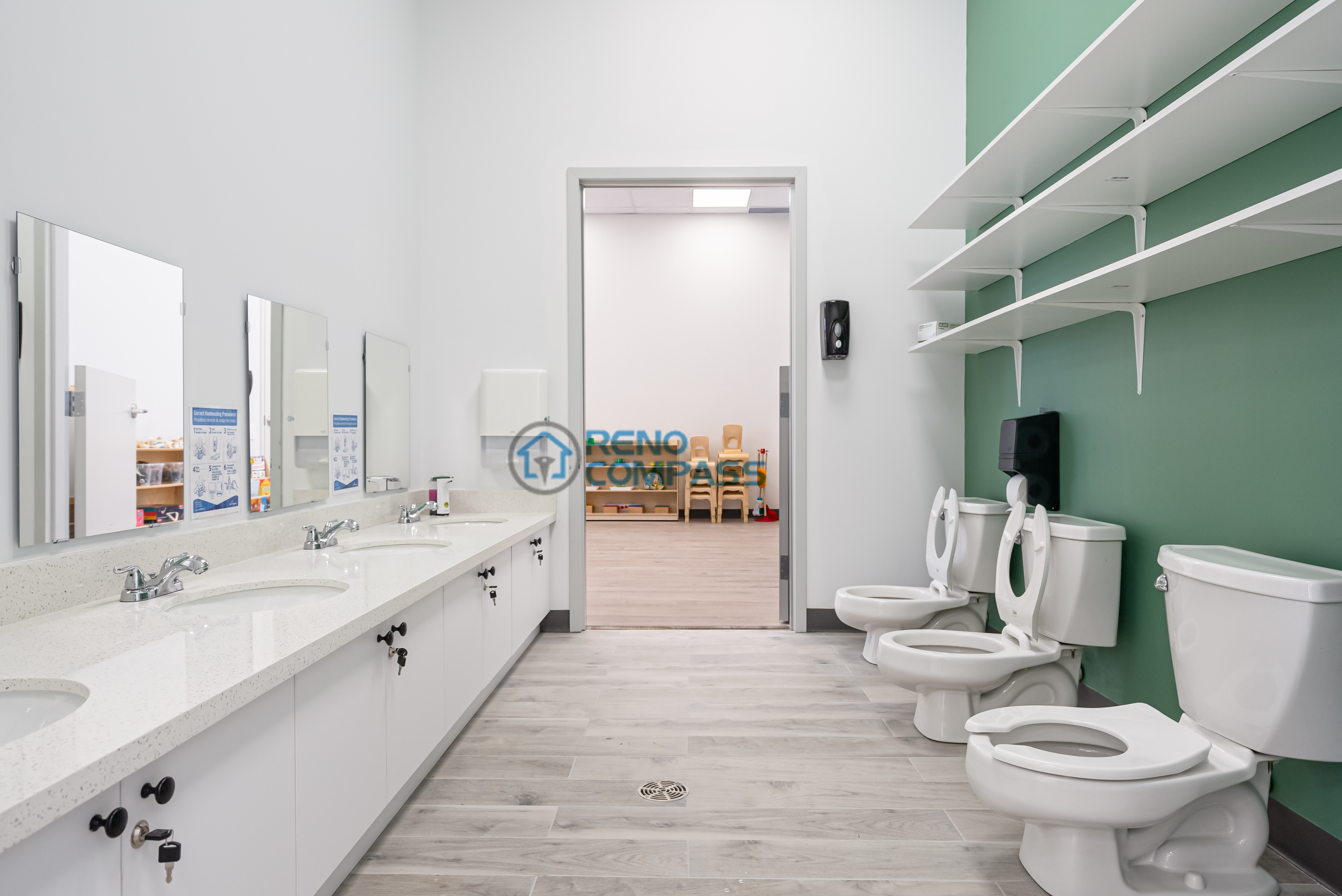 Renovated wash and care area in a Richmond Hill daycare, designed with easy-clean surfaces, practical storage, and a safe layout suitable for daily childcare use.