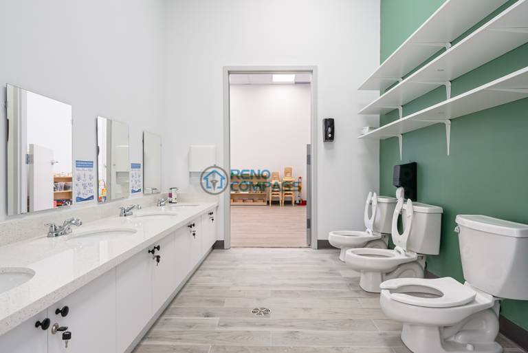 Renovated wash and care area in a Richmond Hill daycare, designed with easy-clean surfaces, practical storage, and a safe layout suitable for daily childcare use.