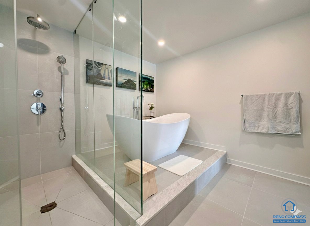 A luxury bathroom renovation in Toronto showcasing a frameless glass shower, freestanding soaking tub, and modern tile finishes. This spa-inspired design offers a clean, elegant, and relaxing atmosphere with improved layout and lighting.