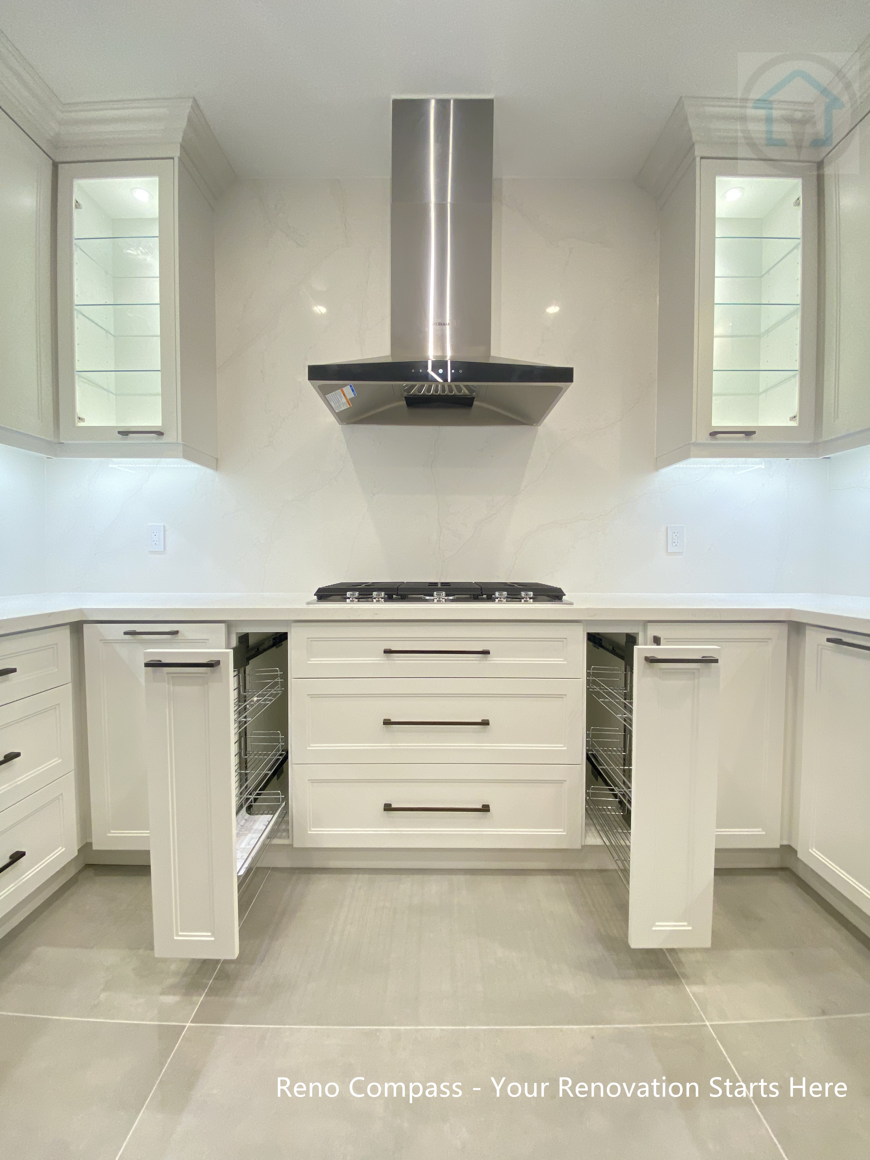 Bright white kitchen renovation in Oakville featuring a functional U-shape layout, custom cabinetry, quartz countertops, and modern recessed lighting. Designed to improve workflow, storage efficiency, and overall brightness for everyday family use.
