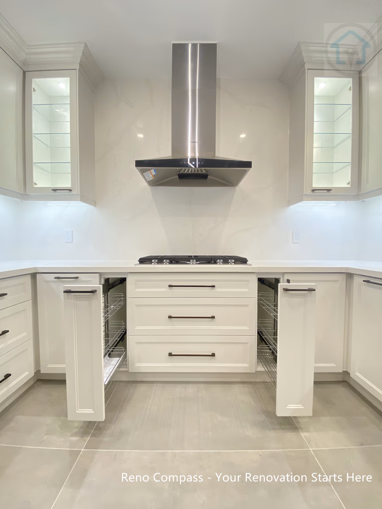 Bright white kitchen renovation in Oakville featuring a functional U-shape layout, custom cabinetry, quartz countertops, and modern recessed lighting. Designed to improve workflow, storage efficiency, and overall brightness for everyday family use.