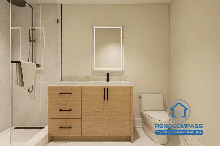 Contemporary bathroom design created for a Markham whole home renovation project. Featuring a custom wood vanity, quartz countertop, illuminated mirror, matte black fixtures, and a walk-in glass shower. The clean and functional layout combines modern aesthetics with practical everyday use.