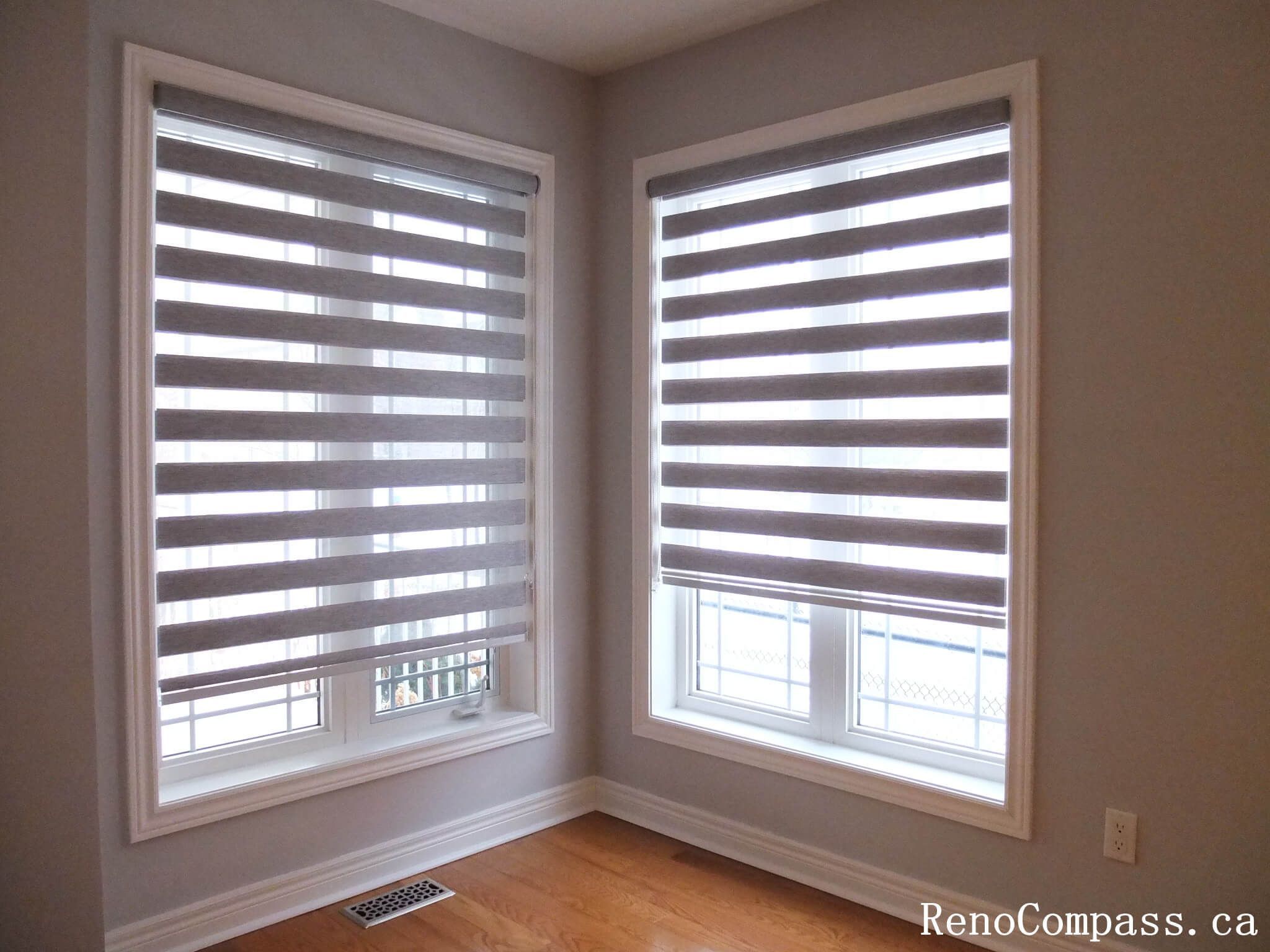 Custom zebra blinds curtains installation completed in Richmond Hill, featuring modern dual-layer window shades that provide privacy, light control, and a clean contemporary look. This professional window treatment upgrade enhances interior comfort and style, perfectly suited for modern home renovations by a trusted Toronto renovation company.