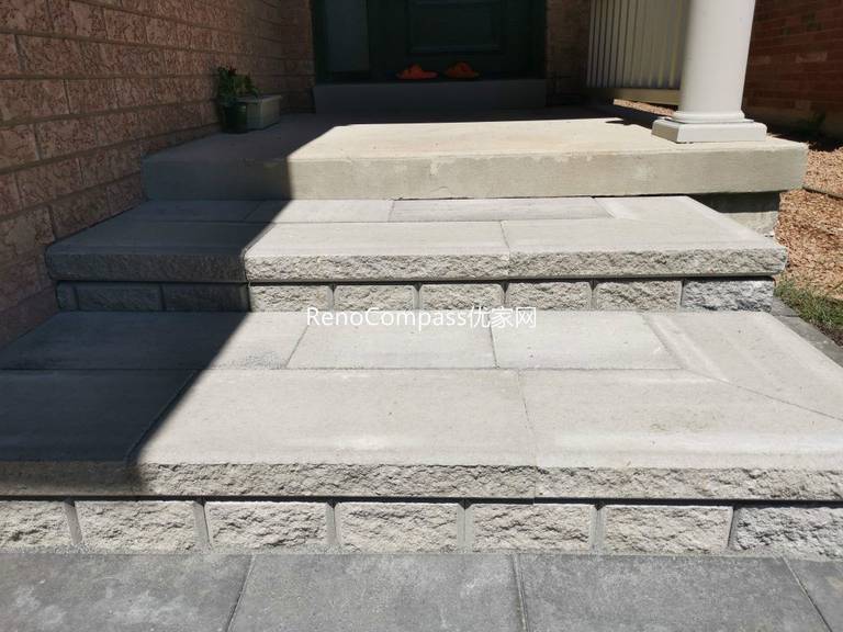 Professional front yard interlocking and entrance step renovation completed in Mississauga. This project features durable stone pavers, custom front porch steps, and a clean modern walkway design that enhances curb appeal, safety, and long-term outdoor durability for the home.