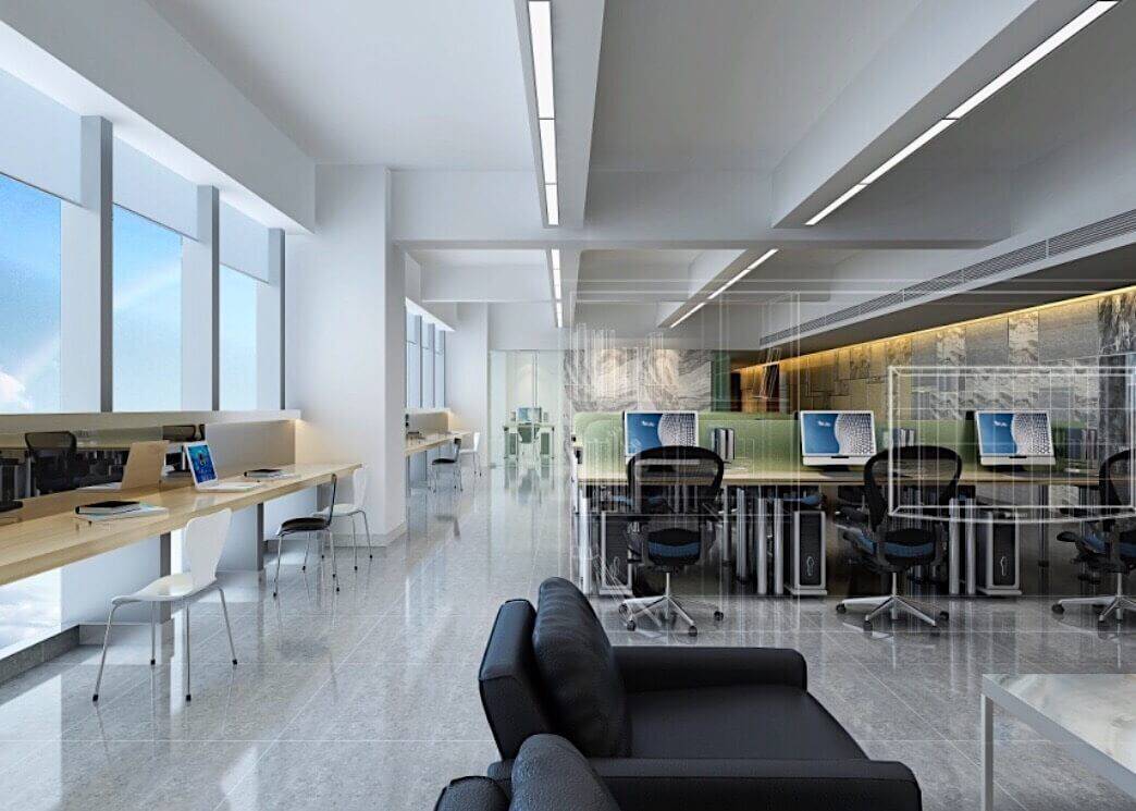 This Toronto office commercial renovation showcases a bright and contemporary open workspace designed to improve productivity and collaboration. The office features large windows for natural daylight, sleek workstations, modern task chairs, and minimalist desks arranged in an efficient layout. Glass partitions and neutral finishes create a clean, professional environment while maintaining an open and spacious atmosphere. Completed by Reno Compass Inc., a trusted Toronto Renovation Company specializing in commercial renovation and modern office workspace design.