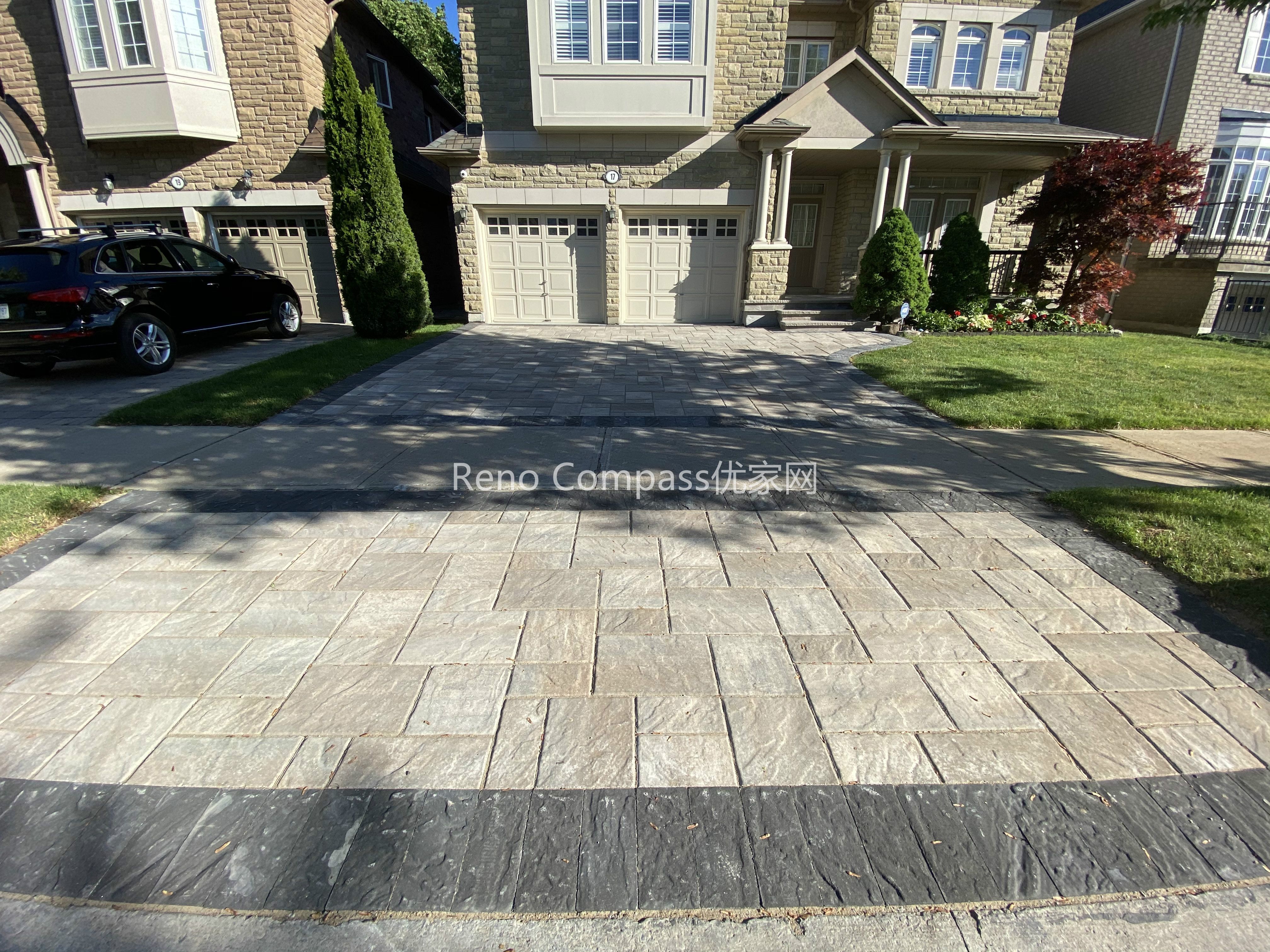 This image highlights the detailed interlocking pattern of a natural stone driveway in North York. The rectangular stone pavers are carefully aligned to create a clean, structured layout that enhances surface stability and visual consistency. Subtle color variation in the natural stone adds depth while maintaining a cohesive appearance across the driveway. Designed for durability and proper load distribution, this interlocking driveway supports everyday vehicle use and long-term performance. Completed by a Toronto interlocking and landscaping contractor, this project reflects precise installation standards and attention to paving detail.
