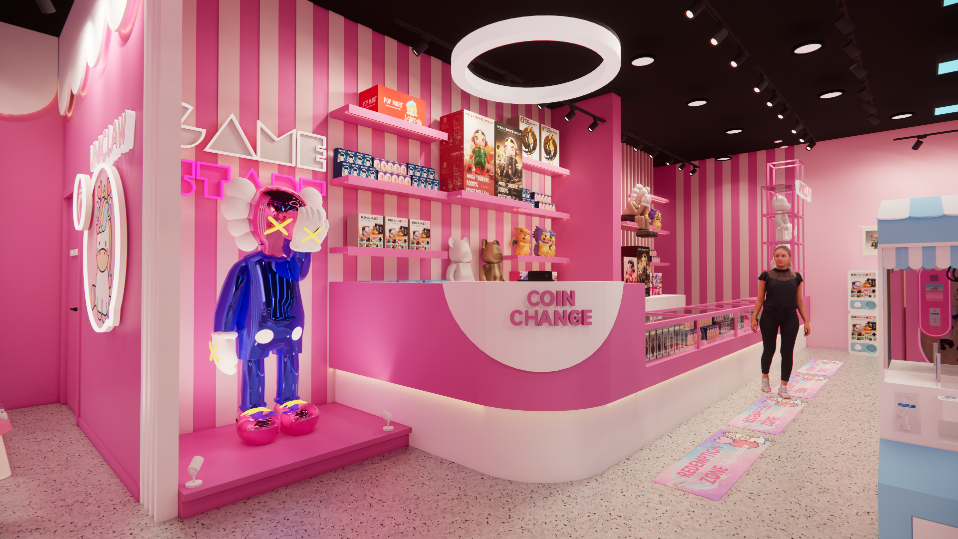The main front desk and entrance area of a Waterloo claw machine arcade, featuring a curved coin exchange counter, character display pods, and a clear view into the gaming zone. The pink-themed interior, layered lighting design, and open sightlines create a welcoming first impression while guiding customers smoothly from the entrance into the arcade and retail areas.
